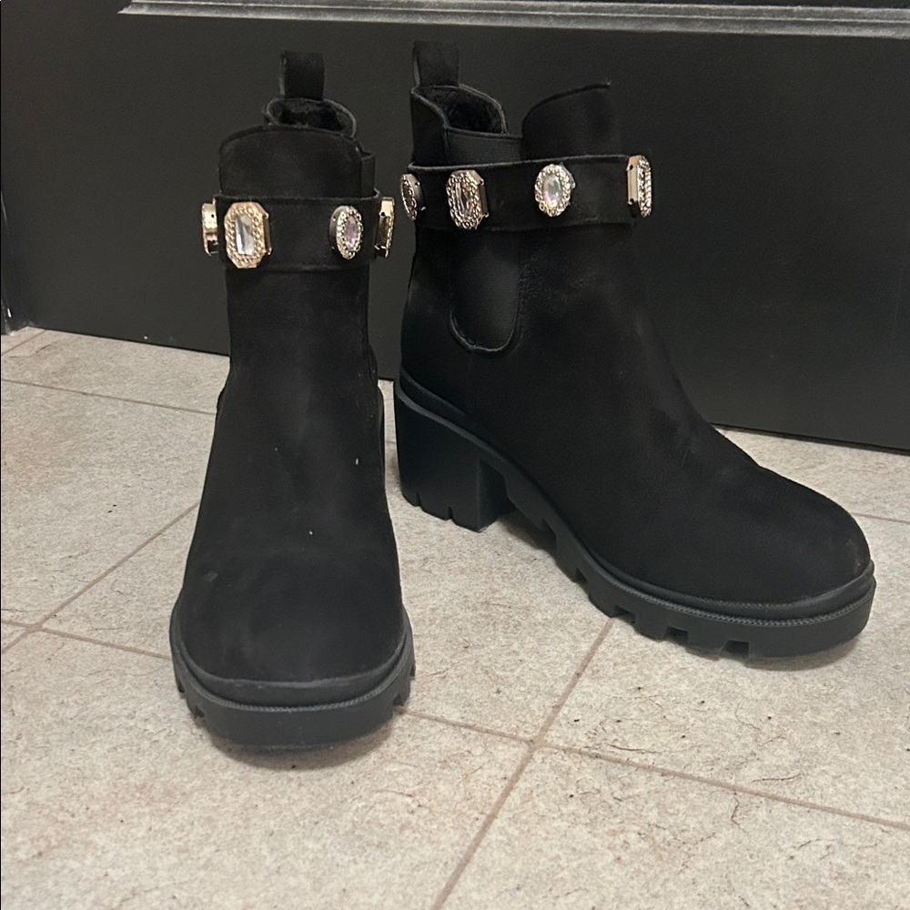 Black Suede Ankle Boots with Gold Accents